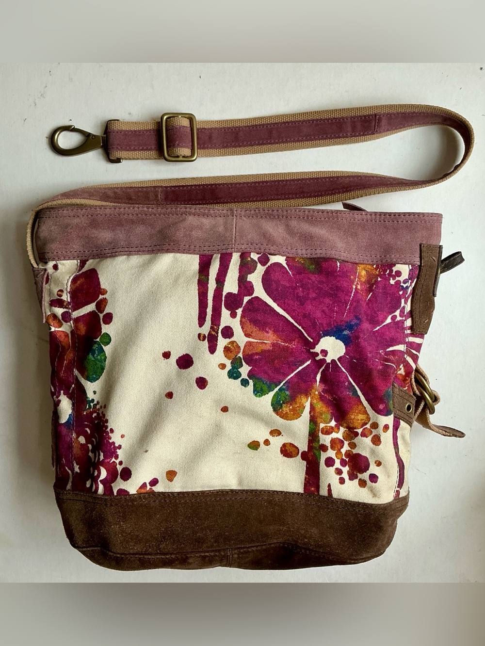 Lucky Brand Purse Runaway XL Tote Canvas Suede Floral Art crossbody Bag